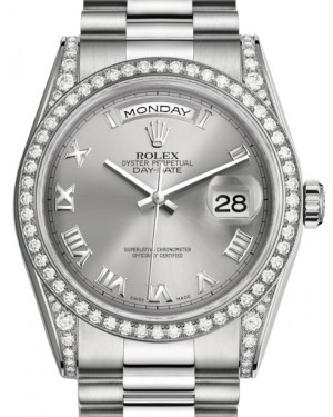 Rolex Day-Date 36 White Gold Rhodium Roman Dial & Diamond Set Case & Bezel President Bracelet 118389 - BRAND NEW