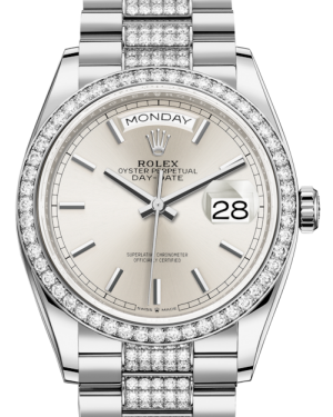 Rolex Day-Date 36 White Gold Silver Index Dial & Diamond Bezel Diamond Set President Bracelet 128349RBR - BRAND NEW
