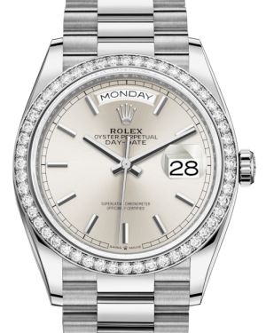 Rolex Day-Date 36 White Gold Silver Index Dial & Diamond Bezel President Bracelet 128349RBR - BRAND NEW