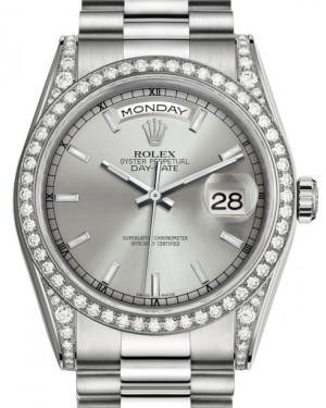 Rolex Day-Date 36 White Gold Silver Index Dial & Diamond Set Case & Bezel President Bracelet 118389 - BRAND NEW