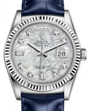 Rolex Day-Date 36 White Gold White Mother of Pearl Diamond Dial & Fluted Bezel Blue Leather Strap 118139 - BRAND NEW