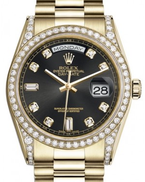 Rolex Day-Date 36 Yellow Gold Black Diamond Dial & Diamond Set Case & Bezel President Bracelet 118388 - BRAND NEW