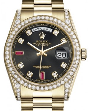 Rolex Day-Date 36 Yellow Gold Black Diamond & Rubies Dial & Diamond Set Case & Bezel President Bracelet 118388 - BRAND NEW