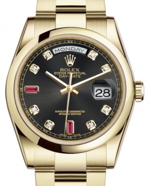Rolex Day-Date 36 Yellow Gold Black Diamond & Rubies Dial & Smooth Domed Bezel Oyster Bracelet 118208 - BRAND NEW