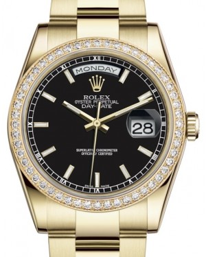 Rolex Day-Date 36 Yellow Gold Black Index Dial & Diamond Bezel Oyster Bracelet 118348 - BRAND NEW