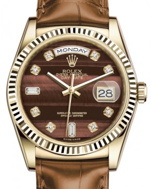 Rolex Day-Date 36 Yellow Gold Bull's Eye Diamond Dial & Fluted Bezel Cognac Leather Strap 118138 - BRAND NEW