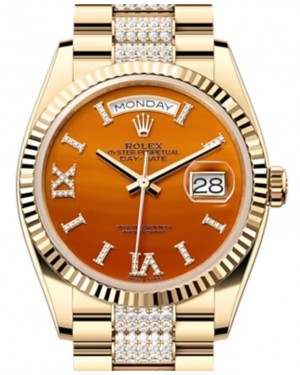 Rolex Day-Date 36 Yellow Gold Carnelian Orange Diamond Roman VI IX Dial & Fluted Bezel Diamond Set President Bracelet 128238 - BRAND NEW