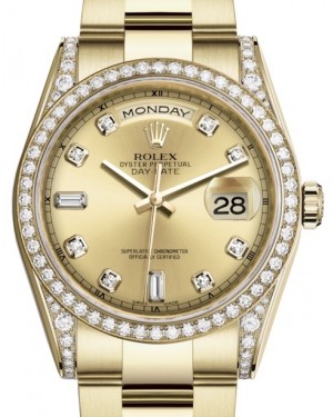Rolex Day-Date 36 Yellow Gold Champagne Diamond Dial & Diamond Set Case & Bezel Oyster Bracelet 118388 - BRAND NEW