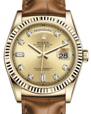 Rolex Day-Date 36 Yellow Gold Champagne Diamond Dial & Fluted Bezel Cognac Leather Strap 118138 - BRAND NEW