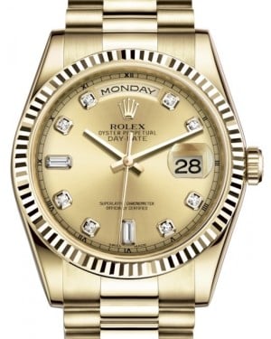 Rolex Day-Date 36 Yellow Gold Champagne Diamond Dial & Fluted Bezel President Bracelet 118238 - PRE-OWNED