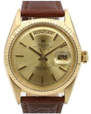 Rolex Day-Date 36 Yellow Gold Champagne Index Dial & Fluted Bezel Leather Strap 1807 - PRE-OWNED