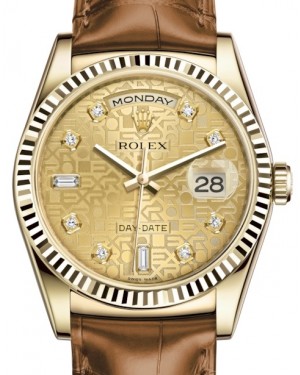 Rolex Day-Date 36 Yellow Gold Champagne Jubilee Diamond Dial & Fluted Bezel Cognac Leather Strap 118138 - BRAND NEW