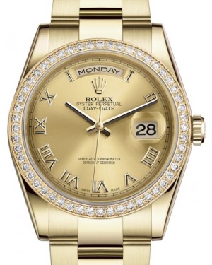 Rolex Day-Date 36 Yellow Gold Champagne Roman Dial & Diamond Bezel Oyster Bracelet 118348 - BRAND NEW