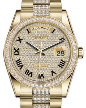 Rolex Day-Date 36 Yellow Gold Diamond Paved Roman Dial & Diamond Bezel Diamond Set President Bracelet 118348 - BRAND NEW