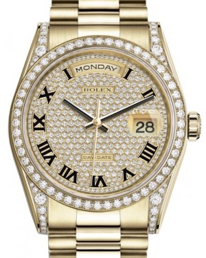 Rolex Day-Date 36 Yellow Gold Diamond Paved Roman Dial & Diamond Set Case & Bezel President Bracelet 118388 - BRAND NEW