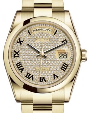 Rolex Day-Date 36 Yellow Gold Diamond Paved Roman Dial & Smooth Domed Bezel Oyster Bracelet 118208 - BRAND NEW