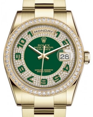 Rolex Day-Date 36 Yellow Gold Green Diamond Paved Arabic Dial & Diamond Bezel Oyster Bracelet 118348 - BRAND NEW