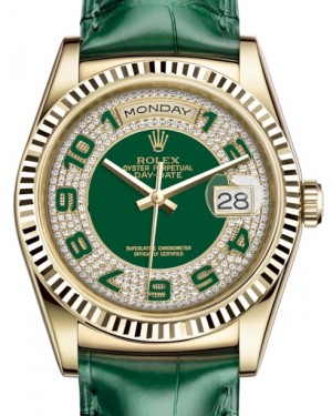 Rolex Day-Date 36 Yellow Gold Green Diamond Paved Arabic Dial & Fluted Bezel Green Leather Strap 118138 - BRAND NEW