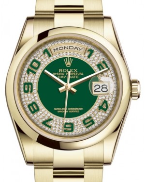 Rolex Day-Date 36 Yellow Gold Green Diamond Paved Arabic Dial & Smooth Domed Bezel Oyster Bracelet 118208 - BRAND NEW