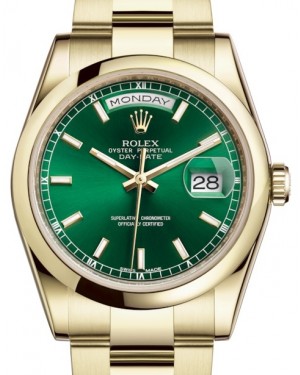 Rolex Day-Date 36 Yellow Gold Green Index Dial & Smooth Domed Bezel Oyster Bracelet 118208 - BRAND NEW