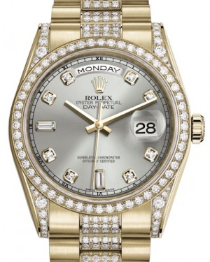 Rolex Day-Date 36 Yellow Gold Silver Diamond Dial & Diamond Set Case & Bezel Diamond Set President Bracelet 118388 - BRAND NEW