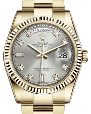 Rolex Day-Date 36 Yellow Gold Silver Diamond Dial & Fluted Bezel Oyster Bracelet 118238 - BRAND NEW