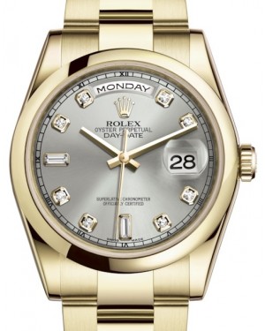 Rolex Day-Date 36 Yellow Gold Silver Diamond Dial & Smooth Domed Bezel Oyster Bracelet 118208 - BRAND NEW