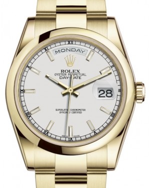 Rolex Day-Date 36 Yellow Gold White Index Dial & Smooth Domed Bezel Oyster Bracelet 118208 - BRAND NEW