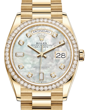 Rolex Day-Date 36 Yellow Gold White Mother of Pearl Diamond Dial & Diamond Bezel President Bracelet 128348RBR - BRAND NEW
