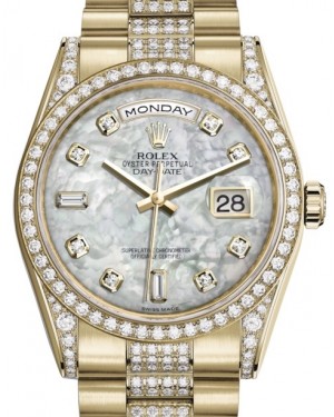 Rolex Day-Date 36 Yellow Gold White Mother of Pearl Diamond Dial & Diamond Set Case & Bezel Diamond Set President Bracelet 118388 - BRAND NEW