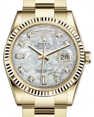 Rolex Day-Date 36 Yellow Gold White Mother of Pearl Diamond Dial & Fluted Bezel Oyster Bracelet 118238 - BRAND NEW