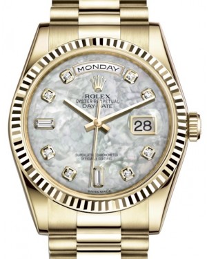 Rolex Day-Date 36 Yellow Gold White Mother of Pearl Diamond Dial & Fluted Bezel President Bracelet 118238 - BRAND NEW