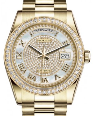 Rolex Day-Date 36 Yellow Gold White Mother of Pearl Diamond Paved Roman Dial & Diamond Bezel President Bracelet 118348 - BRAND NEW
