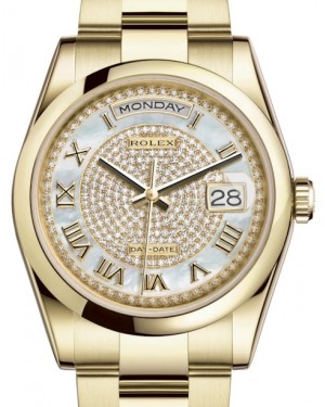 Rolex Day-Date 36 Yellow Gold White Mother of Pearl Diamond Paved Roman Dial & Smooth Domed Bezel Oyster Bracelet 118208 - BRAND NEW