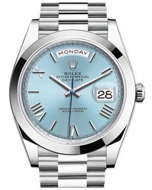 Rolex Day-Date 40 Platinum Ice Blue Roman Dial & Smooth Bezel President Bracelet 228206 - BRAND NEW