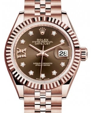 Rolex Lady Datejust 28 Rose Gold Chocolate Diamond IX Dial & Fluted Bezel Jubilee Bracelet 279175 - BRAND NEW