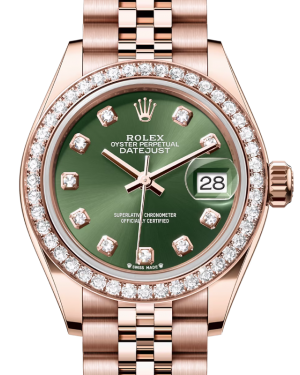 Rolex Lady Datejust 28 Rose Gold Olive Green Diamond Dial & Diamond Bezel Jubilee Bracelet 279135RBR - BRAND NEW