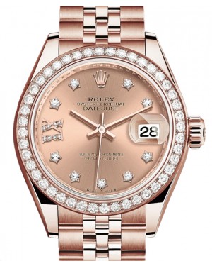 Rolex Lady Datejust 28 Rose Gold Rose Diamond IX Dial & Diamond Bezel Jubilee Bracelet 279135RBR - BRAND NEW