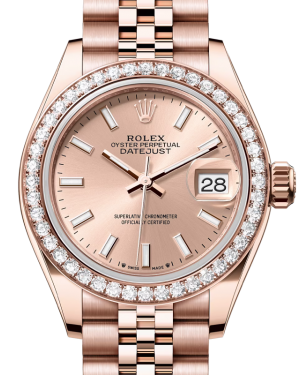 Rolex Lady Datejust 28 Rose Gold Rose Index Dial & Diamond Bezel Jubilee Bracelet 279135RBR - BRAND NEW