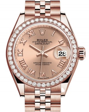 Rolex Lady Datejust 28 Rose Gold Rose Roman Dial & Diamond Bezel Jubilee Bracelet 279135RBR - BRAND NEW