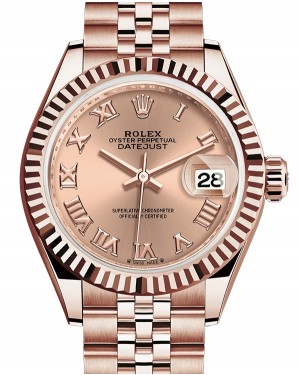 Rolex Lady Datejust 28 Rose Gold Rose Roman Dial & Fluted Bezel Jubilee Bracelet 279175 - BRAND NEW