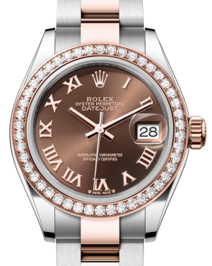 Rolex Lady Datejust 28 Rose Gold/Steel Chocolate Roman Dial & Diamond Bezel Oyster Bracelet 279381RBR - BRAND NEW