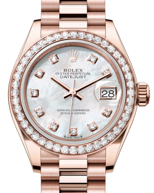 Rolex Lady Datejust 28 Rose Gold White Mother of Pearl Diamond Dial & Diamond Bezel President Bracelet 279135RBR - BRAND NEW