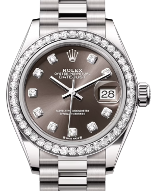 Rolex Lady Datejust 28 White Gold Dark Grey Diamond Dial & Diamond Bezel President Bracelet 279139RBR - BRAND NEW