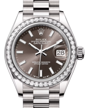 Rolex Lady Datejust 28 White Gold Dark Grey Index Dial & Diamond Bezel President Bracelet 279139RBR - BRAND NEW