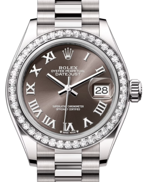 Rolex Lady Datejust 28 White Gold Dark Grey Roman Dial & Diamond Bezel President Bracelet 279139RBR - BRAND NEW