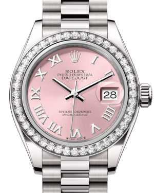 Rolex Lady Datejust 28 White Gold Pink Roman Dial & Diamond Bezel President Bracelet 279139RBR - BRAND NEW