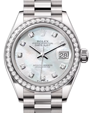 Rolex Lady Datejust 28 White Gold White Mother of Pearl Diamond Dial & Diamond Bezel President Bracelet 279139RBR - BRAND NEW