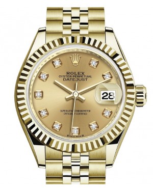 Rolex Lady Datejust 28 Yellow Gold Champagne Diamond Dial & Fluted Bezel Jubilee Bracelet 279178 - BRAND NEW