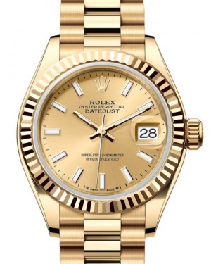 Rolex Lady Datejust 28 Yellow Gold Champagne Index Dial & Fluted Bezel President Bracelet 279178 - BRAND NEW